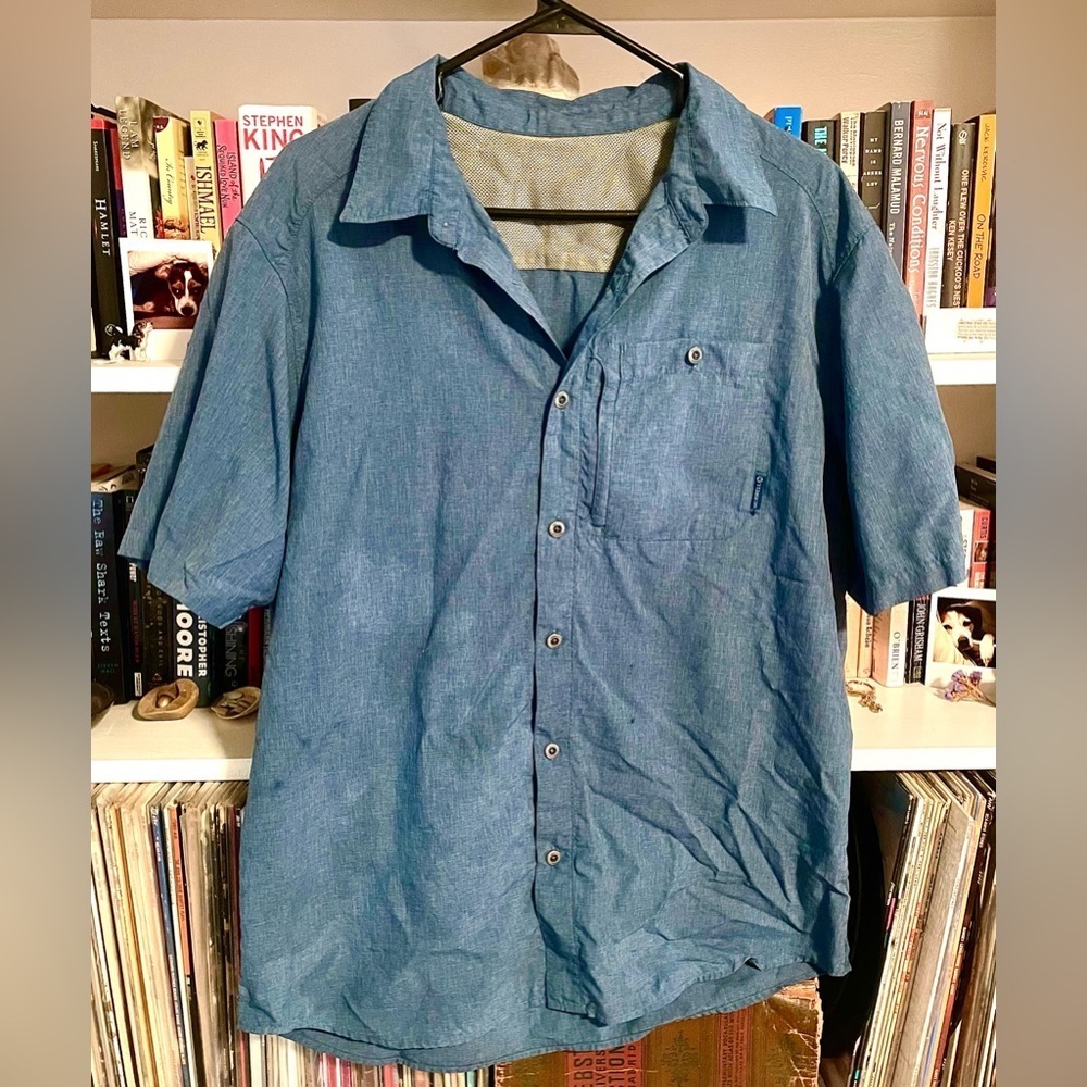 Merrell Men’s XL Outdoor Hiking Shirt Blue Button Up w/ Hidden Zip Pocket